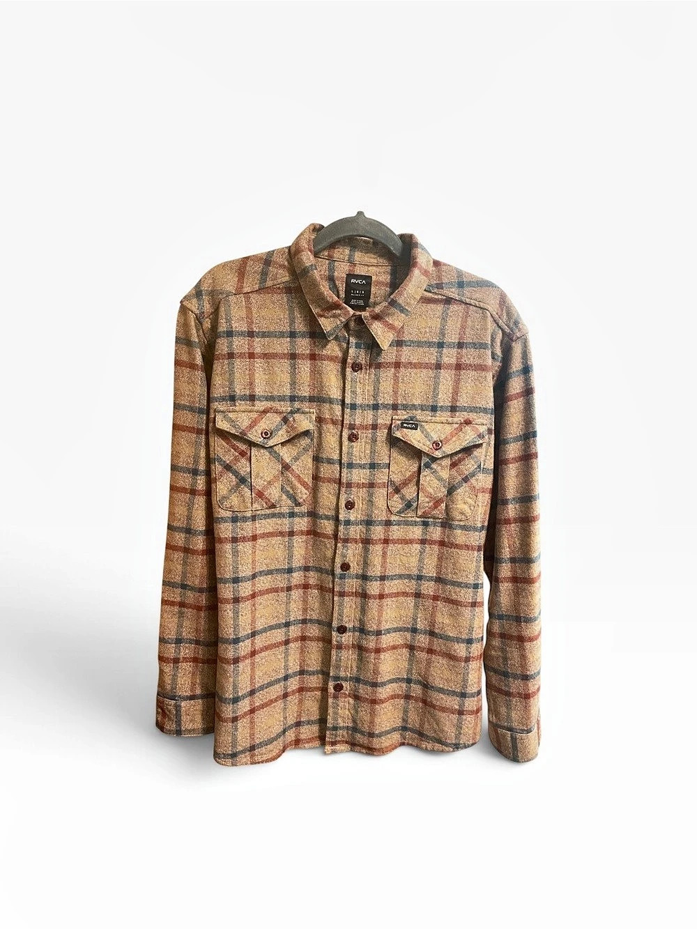 RVCA Dayshift Flannel Long Sleeve Shirt Brown & Blue Large